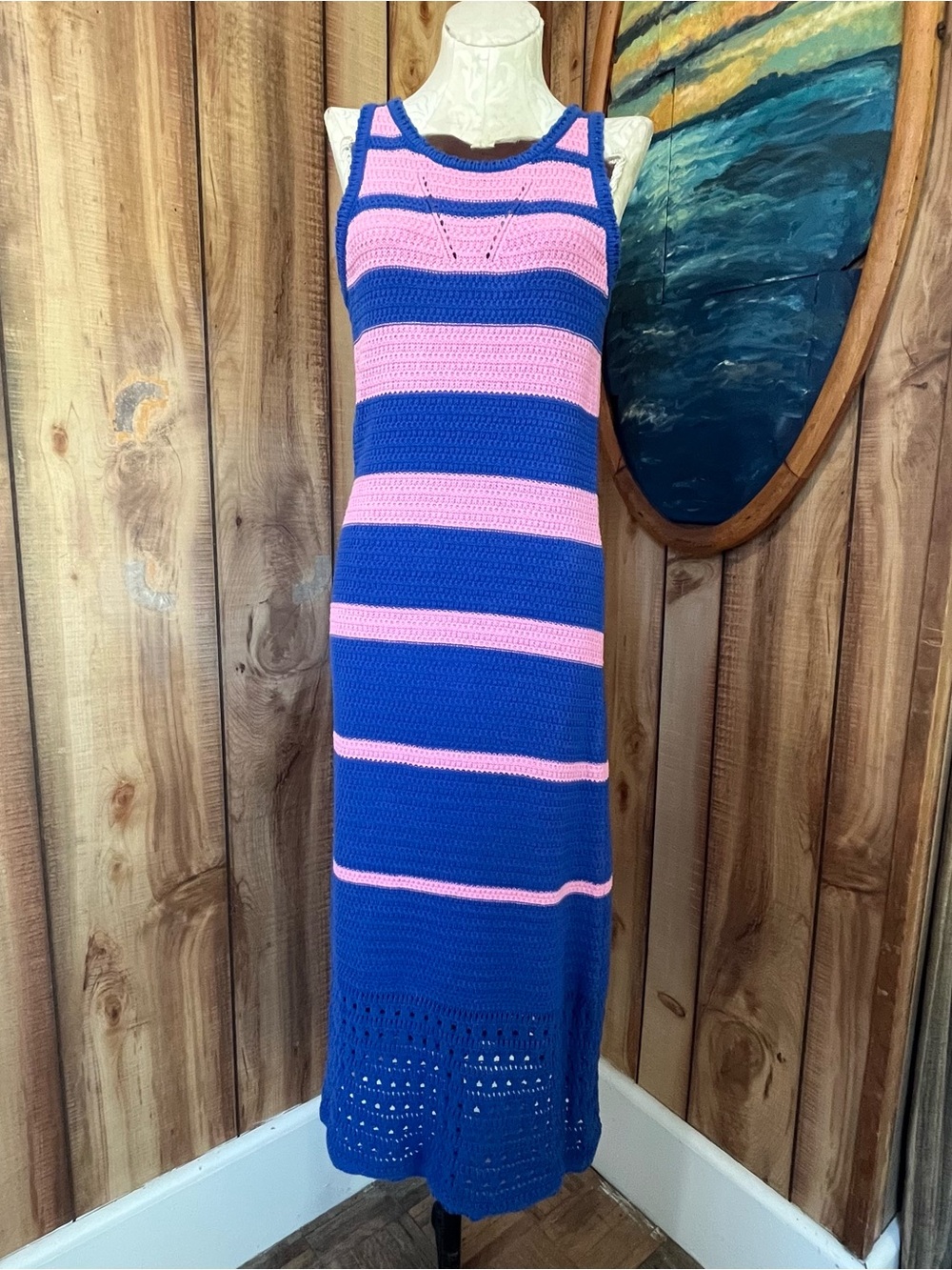 💋 Sleeveless Blue and Pink Striped Crochet Maxi Dress